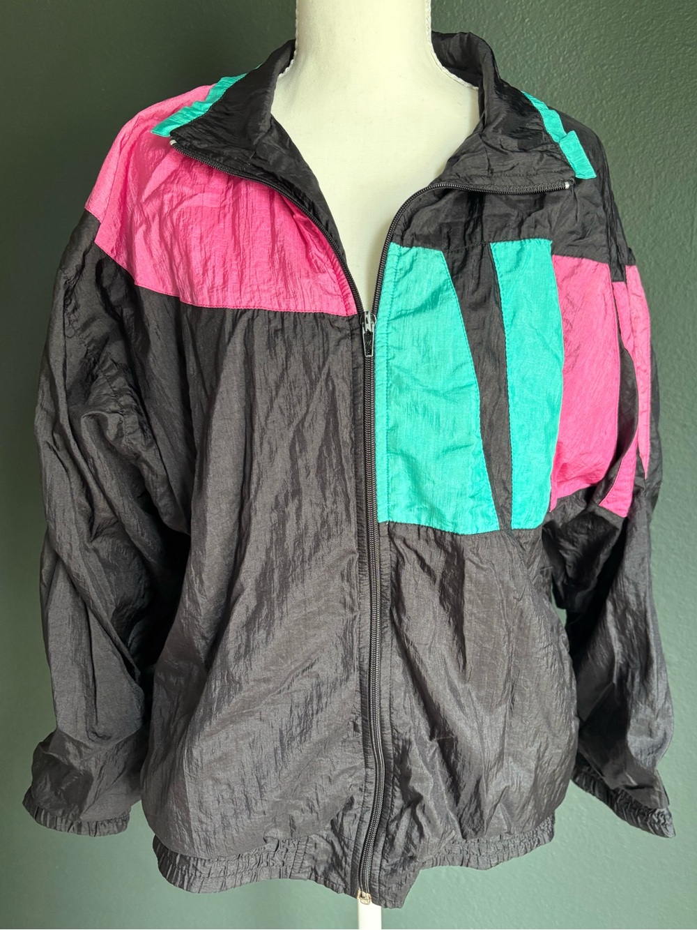 Vintage 90s Colorblock Windbreaker Jacket Black Pink Teal Crinkle Nylon Medium